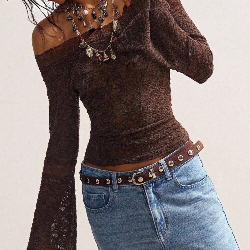 Mocha Brown Boho Women's Knit Off Shoulder Top - Picture 7 of 9